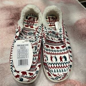 Hey Dude Festive Red and White Shoes